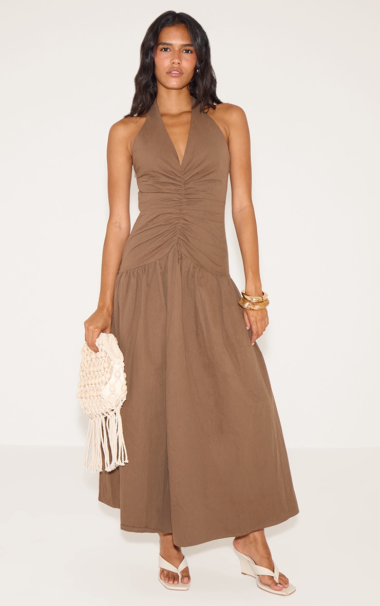 Chocolate Woven Ruched Detail Maxi Dress image 1