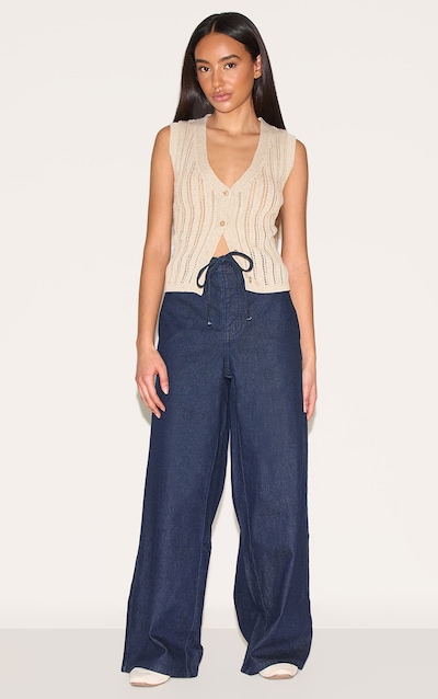 Petite Indigo Denim Relaxed Drawstring Wide Leg Jeans