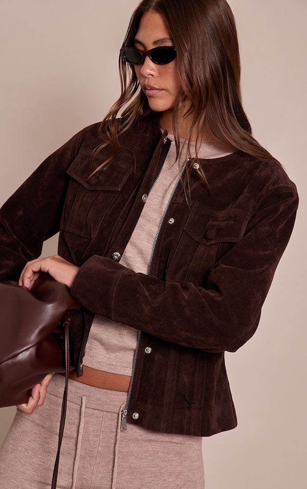  Chocolate Faux Suede Covered Button Cinch Waist Jacket