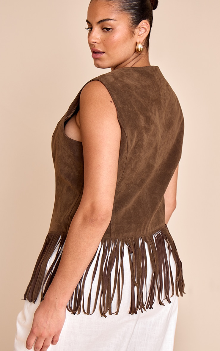 Plus Light Brown Faxu Suede Tassel Vest image 2