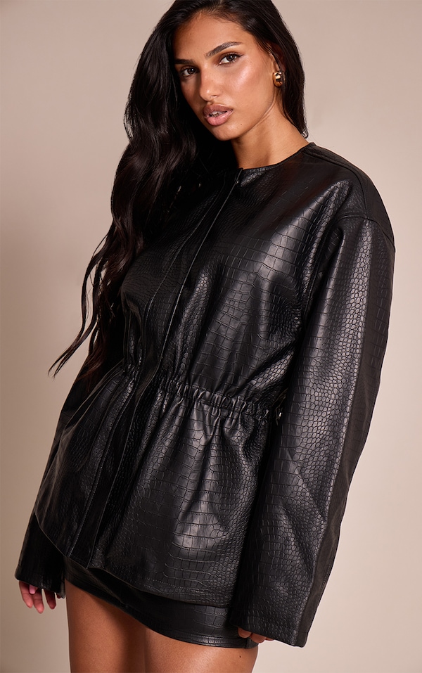 Black Croc Faux Leather Cinched Waist Jacket