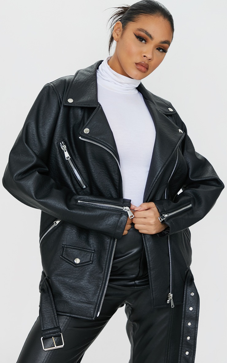 Black Oversized Faux Leather Zip Detail Biker Jacket