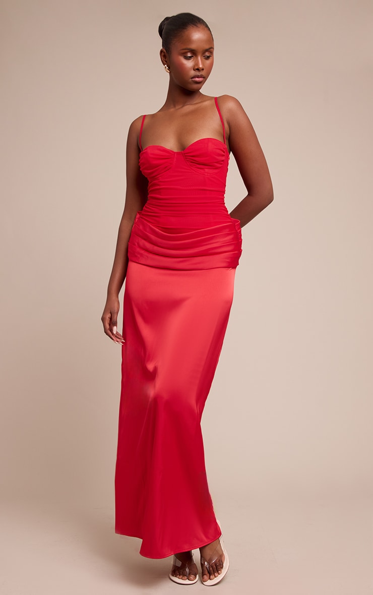 Red Chiffon Dropped Waist Ruched Detail Maxi Dress image 1