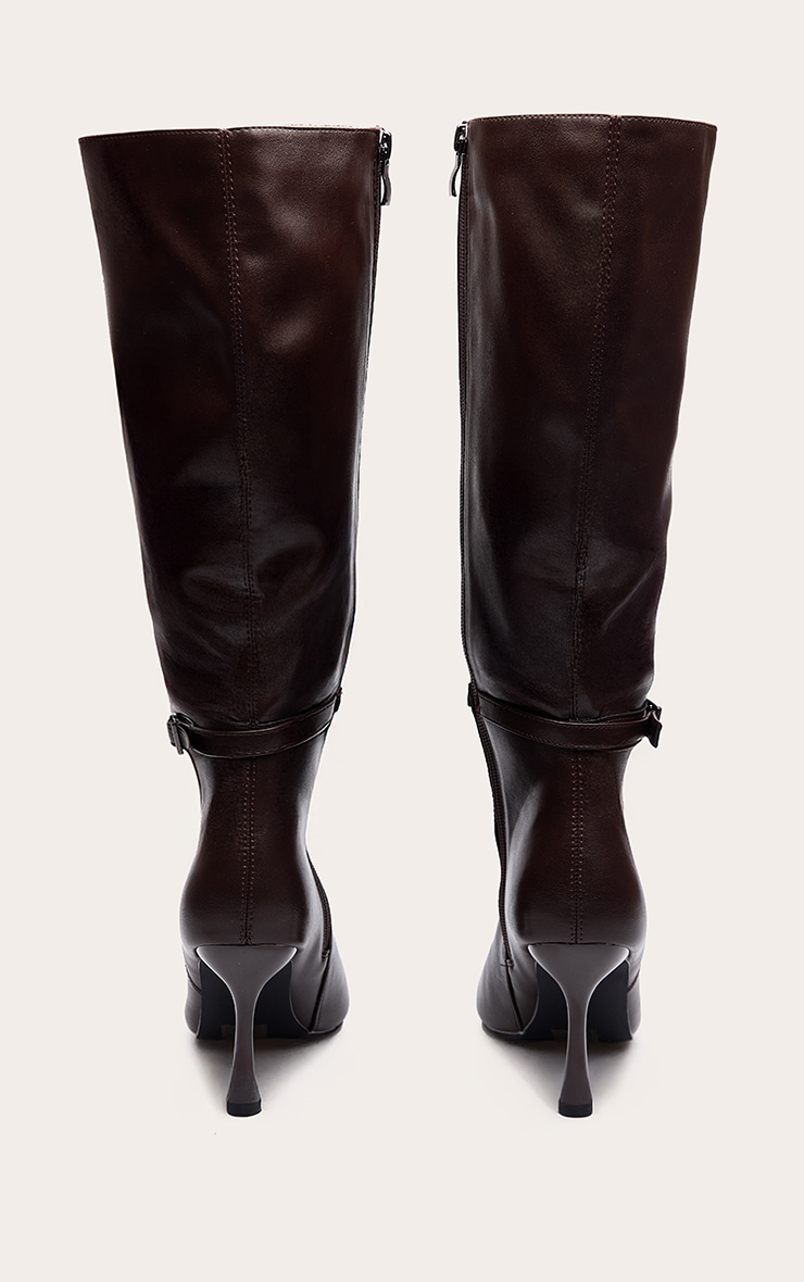 Chocolate Faux Leather Buckled Heeled Knee High Boot image 4