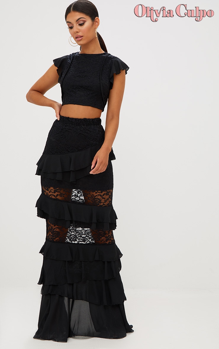 Black Lace Frill Detail Maxi Skirt. Skirts PrettyLittleThing