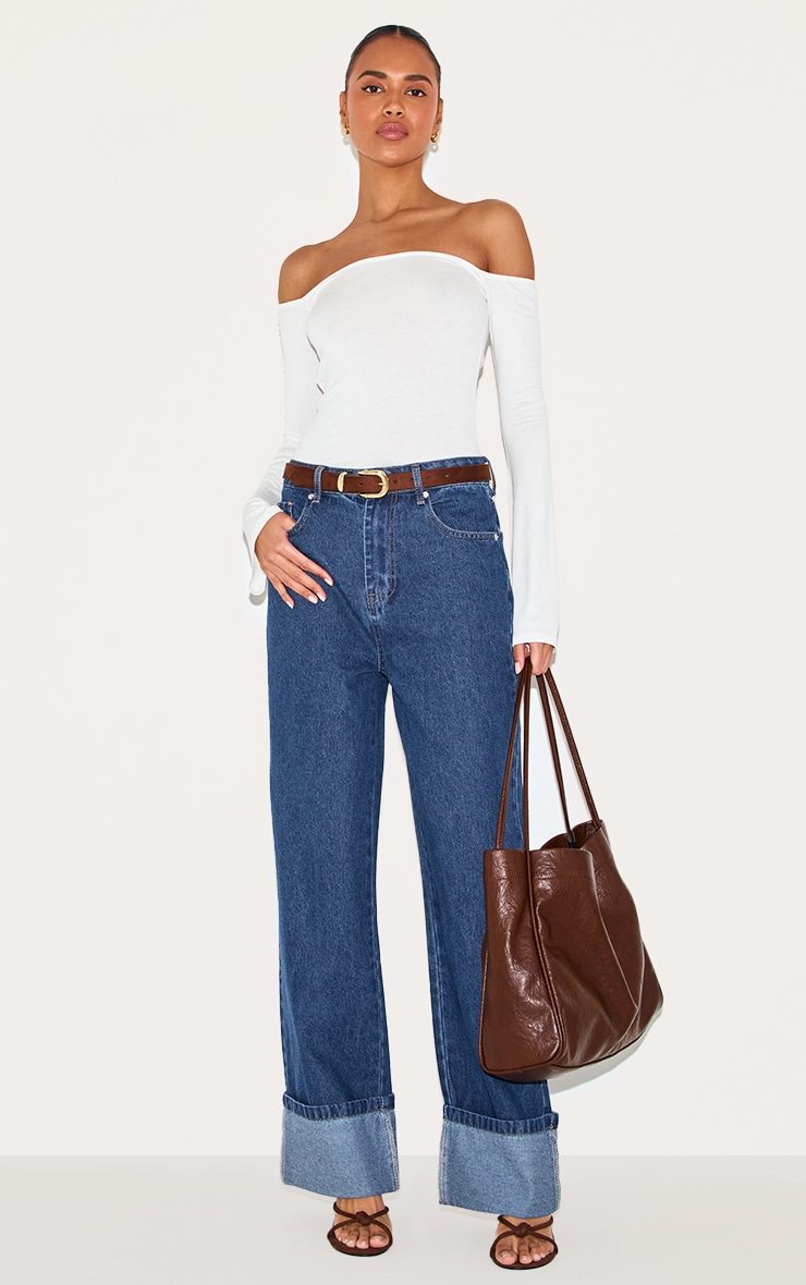 White Soft Cotton Bardot Long Sleeve Top image 3