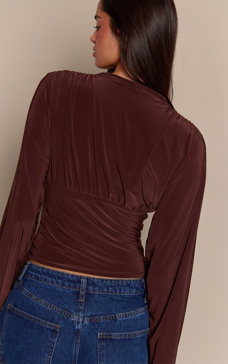 Dark Brown Double Layer Slinky Drape Plunge Long Sleeve Long Top image 2
