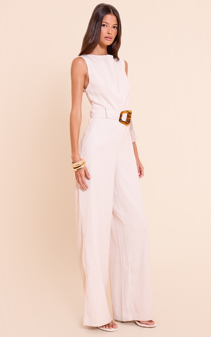 Stone Woven Boat Neck Straight Leg Jumpsuit image 3