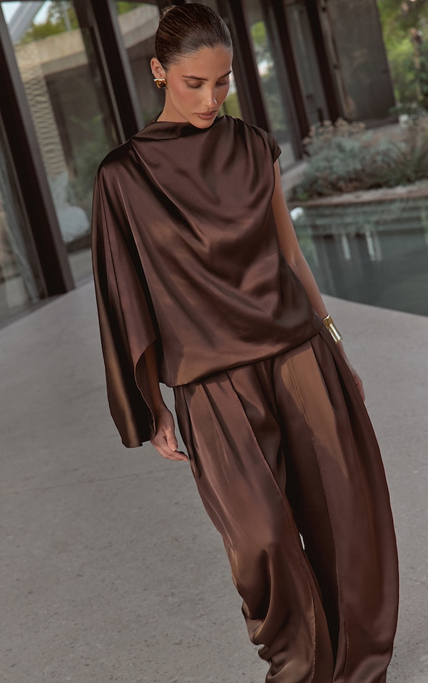 Dark Chocolate Satin One Sleeve Draped Top