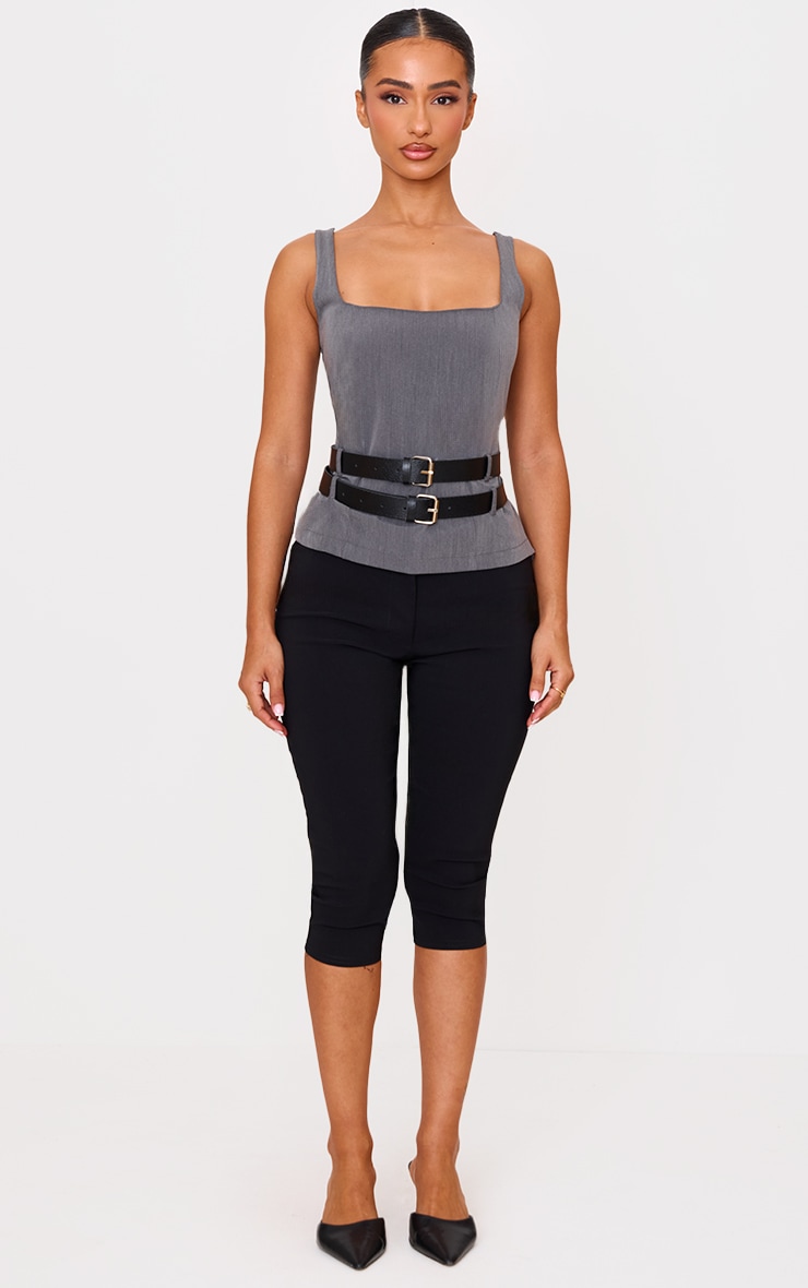 Petite Top ajusté gris anthracite à col carré et détail double ceinture image 3