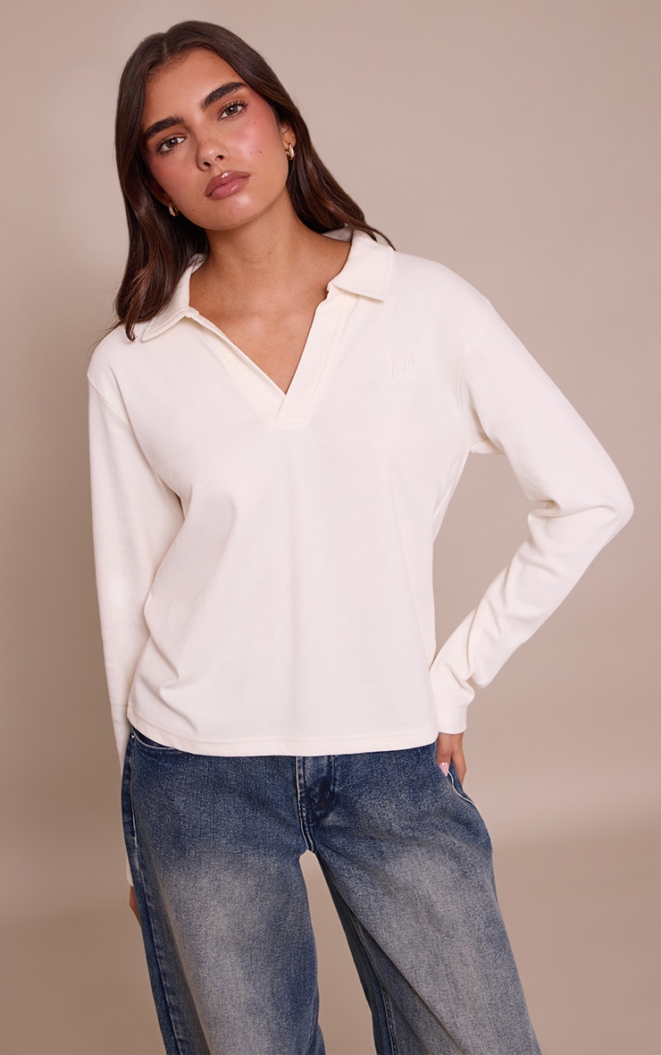 Cream Embroidered Longline Collar Top image 1