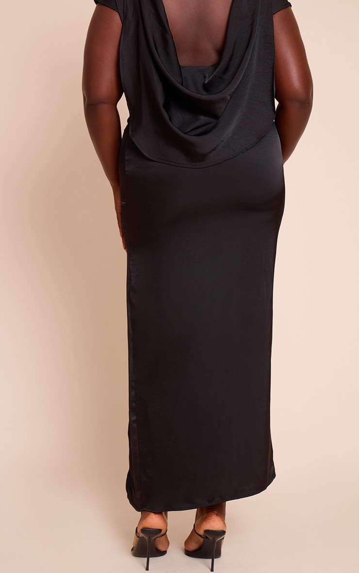 Plus Black Ruched Satin Split Detail Maxi Skirt image 3
