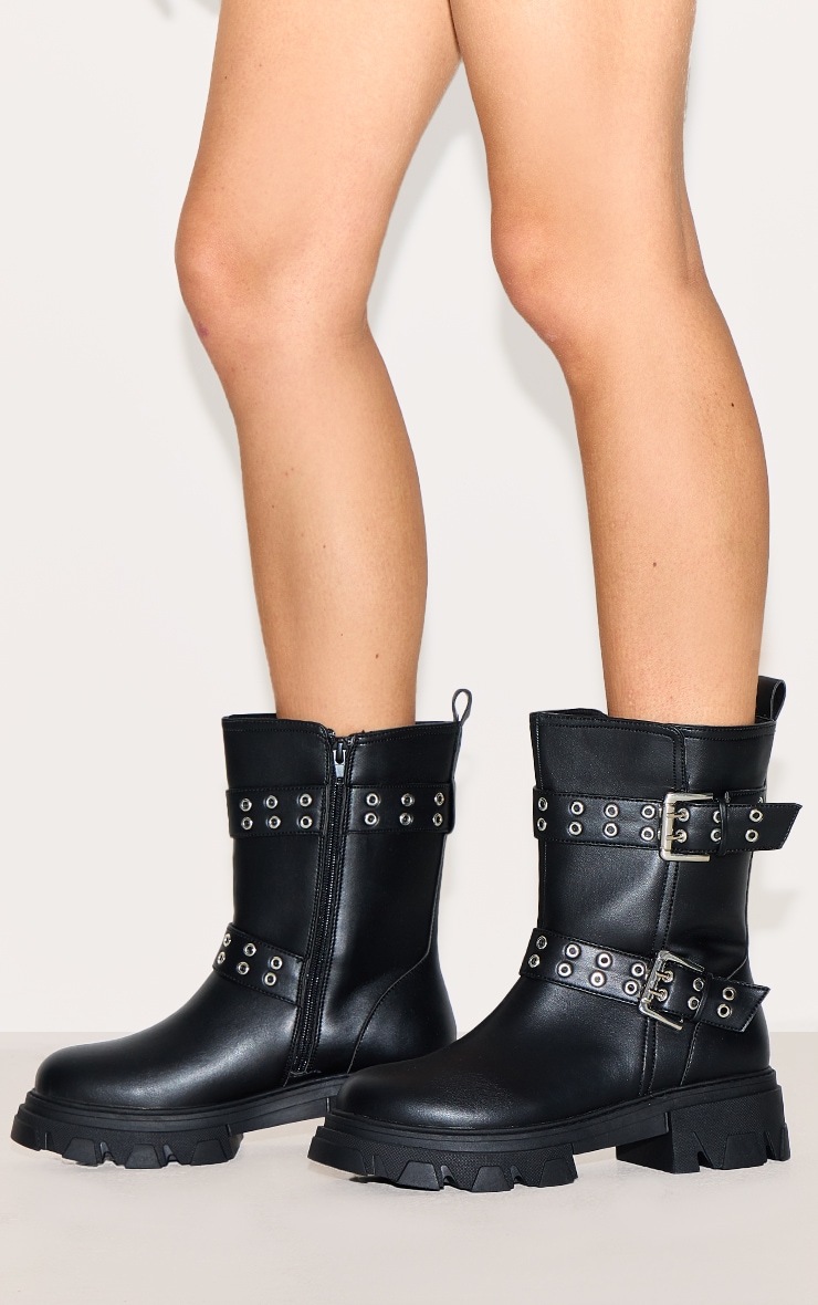 Black Wide Fit PU Chunky Sole Buckle Ankle Boots image 5