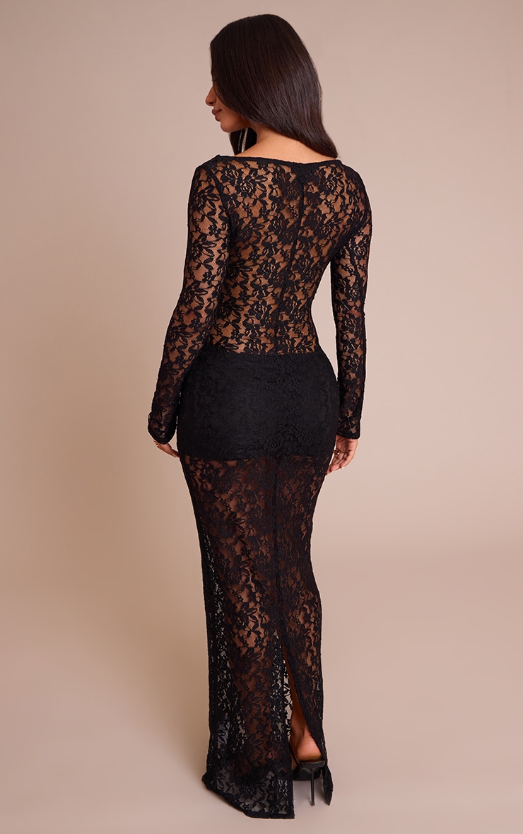 Petite Black Sheer Lace Long Sleeve Maxi Dress image 2