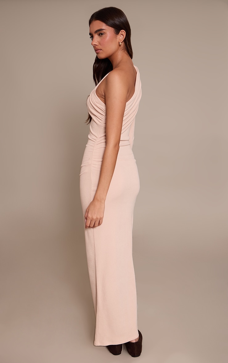 Robe longue asymétrique brossée côtelée gris pierre froncée à épaule unique image 2