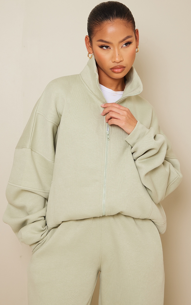 Sage Khaki Oversized Paneled Zip Up Sweatshirt image 1