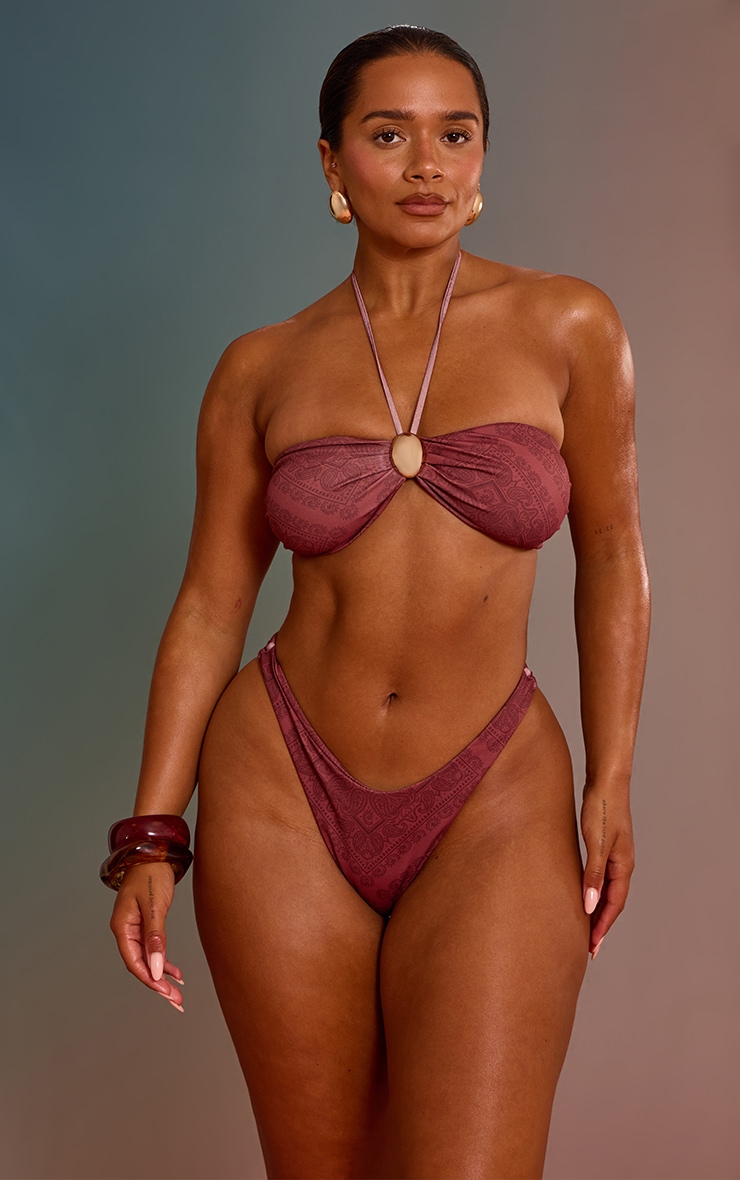 Shape Burgundy Paisely Print Gold Trim Bikini Top image 1