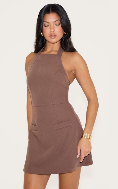 Chocolate Tailored Woven Halterneck A Line Dress