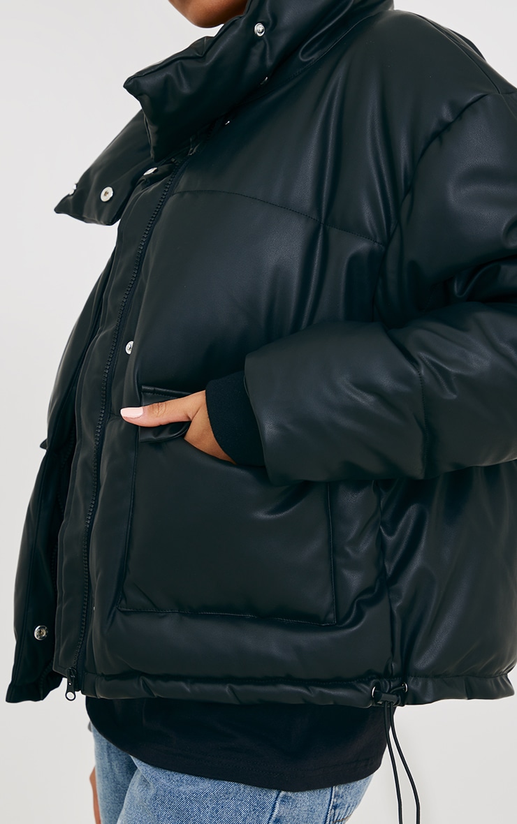 Black Pocket Front Faux Leather Oversized Puffer Coat image 4