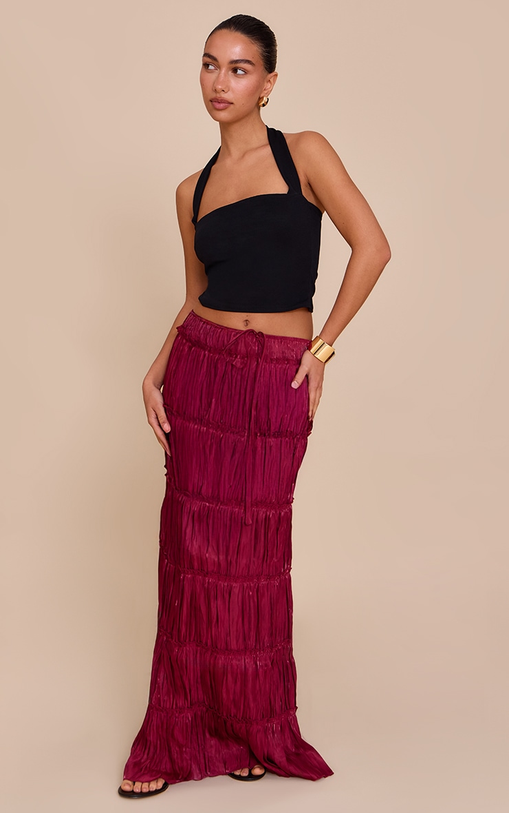 Deep Red Drawstring Frill Tiered Maxi Skirt image 1