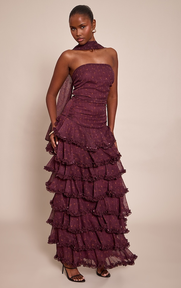 Wine Chiffon Ditsy Floral Print Tiered Frill Maxi Dress