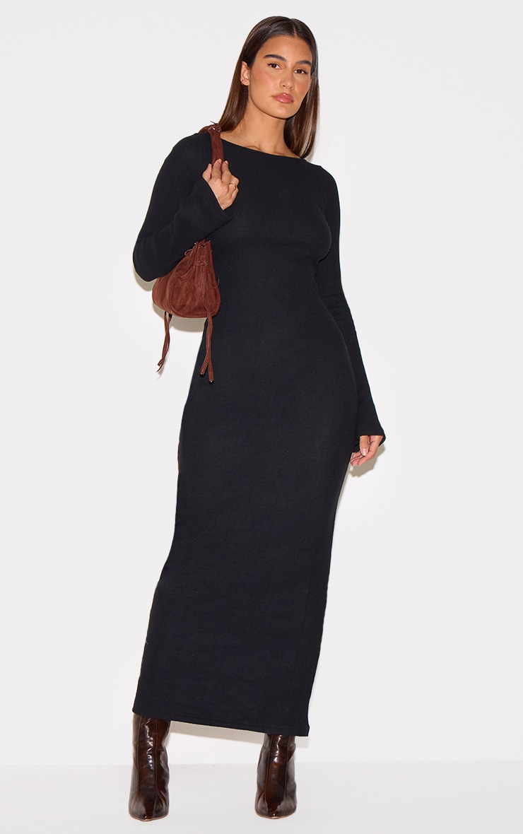 Black Heavy Brushed Rib Flared Sleeve Maxi Dress image 3