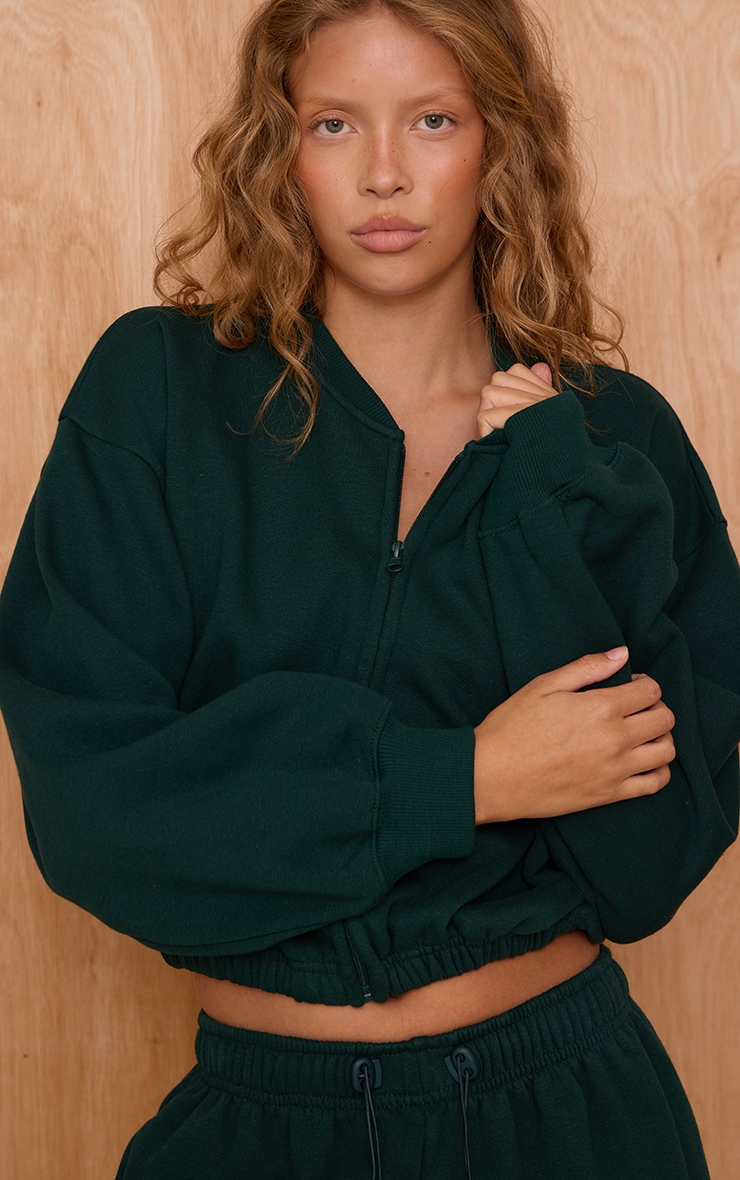 Pine Green Drawcord Waist Cropped Zip Up Sweatshirt image 4