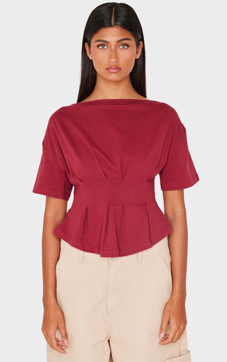  Burgundy Cinched Waist Structured T Shirt image 1