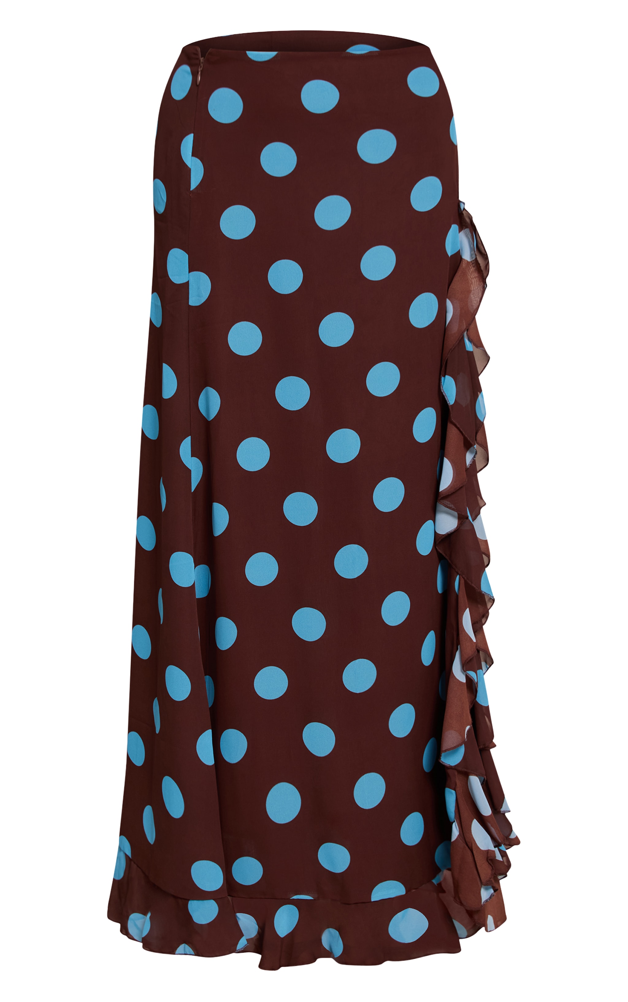 Brown Polka Dot Chiffon Ruched Drop Waist Maxi Skirt image 5