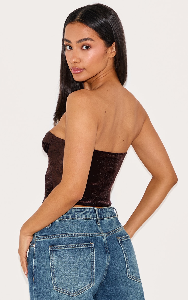 Petite Chocolate Bandeau Velvet Corset With Lace Details image 2