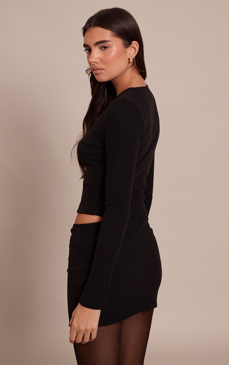 Black Brushed Rib Button Through Long Sleeve Top image 2