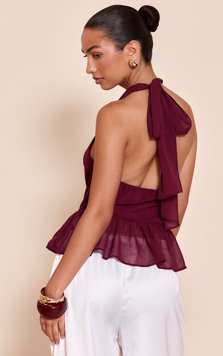 Wine Chiffon Cowl Peplum Hem Halterneck Top image 2