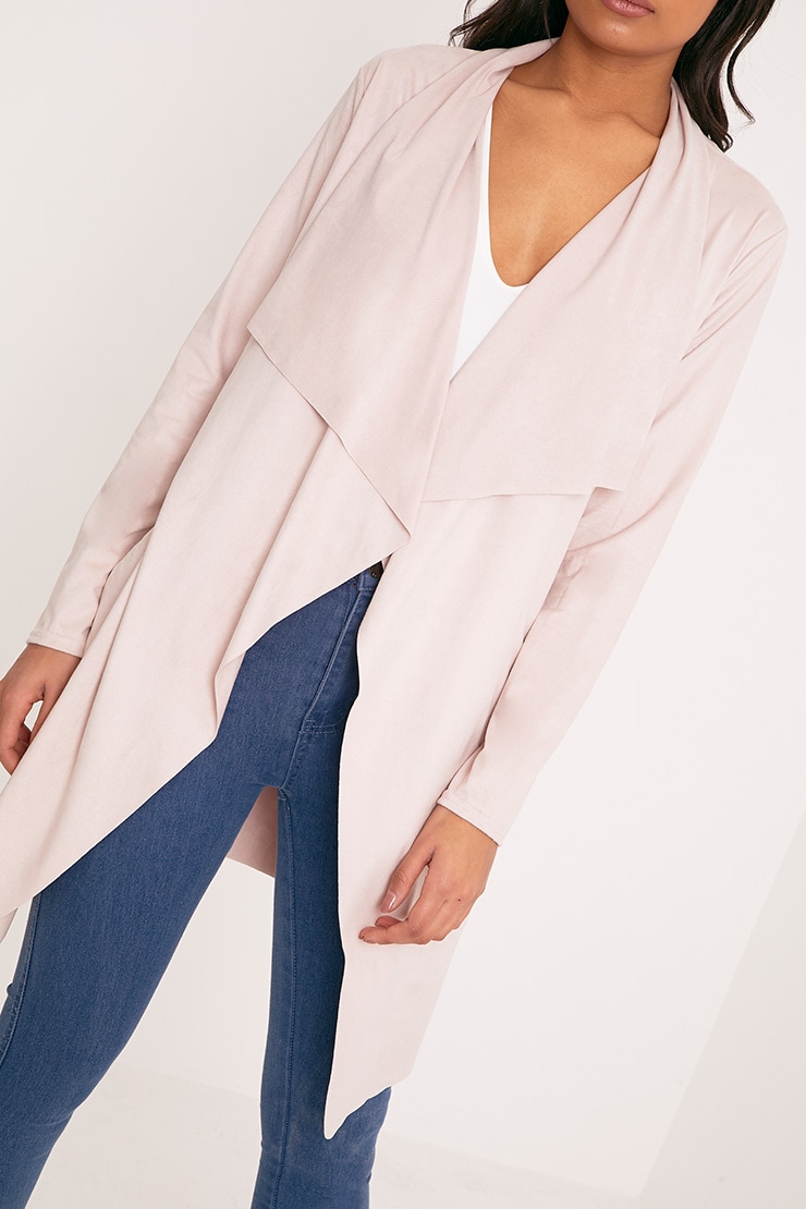Lyssa Blush Suedette Belted Waterfall Jacket PrettyLittleThing