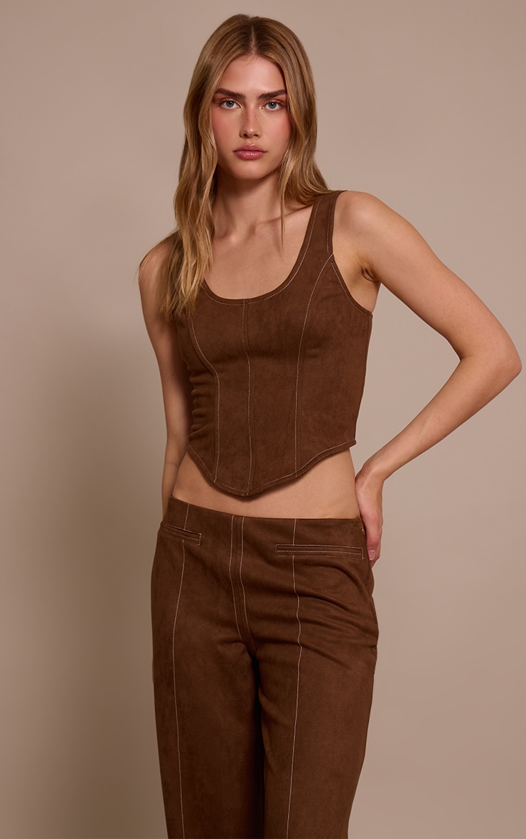 Chocolate Suede Contrast Stitch Corset Top  image 1
