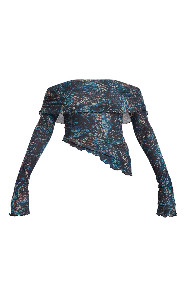 Blue Printed Burnout Mesh Lettuce Hem Bardot Top image 5