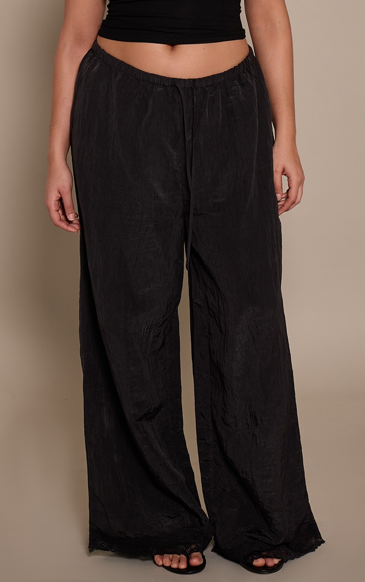 Plus Black Textured Satin Lace Trim Trousers image 2