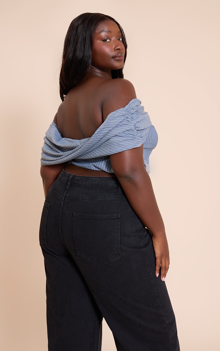 Plus Grey Striped Cotton Twist Detail Bardot Top image 2