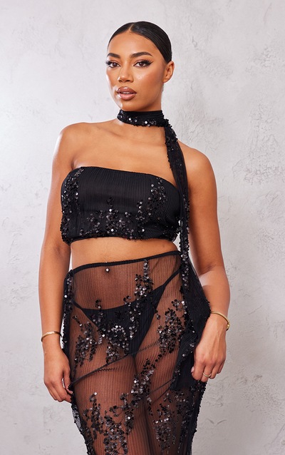 Tall Black Sequin Detail Bandeau Crop Top