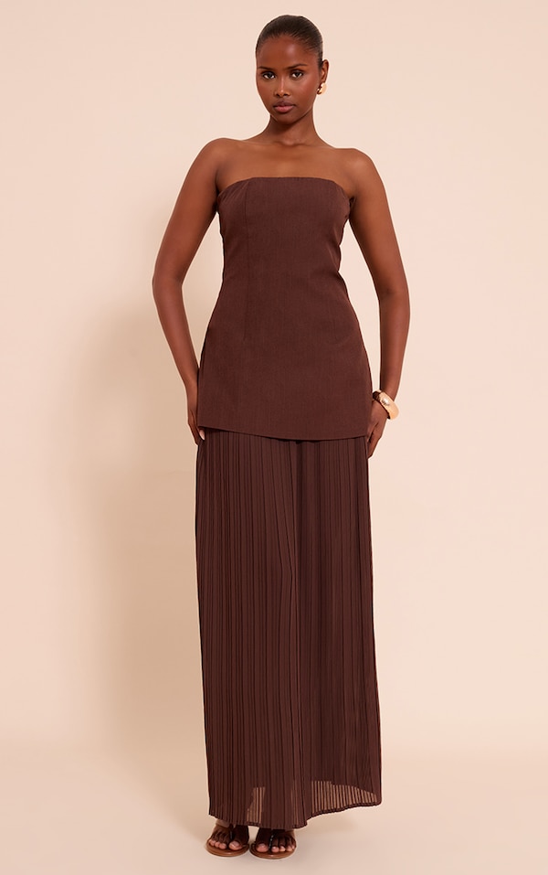 Robe bustier chocolat à partie jupe en mousselinde soie plissée