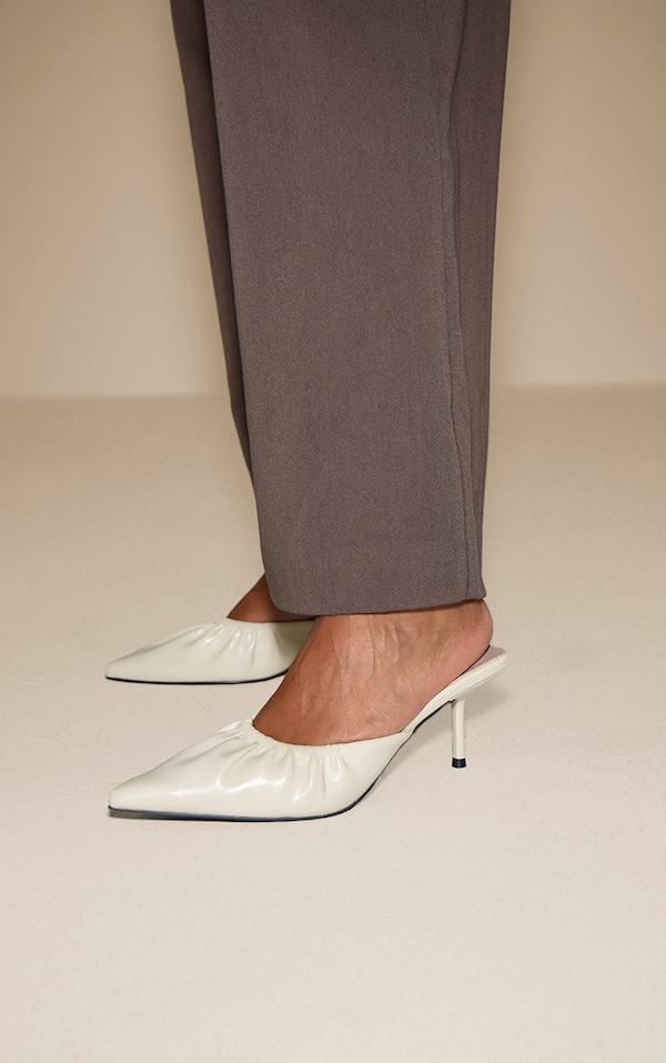 Cream Crinkle PU Ruched Low Heel Court Mule