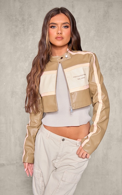 PRETTYLITTLETHING Taupe Girl Gang Racer Jacket