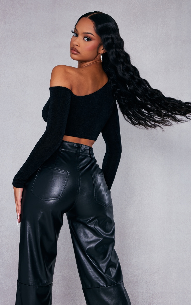 Black Acetate Slinky One Shoulder Asymmetric Crop Top image 2