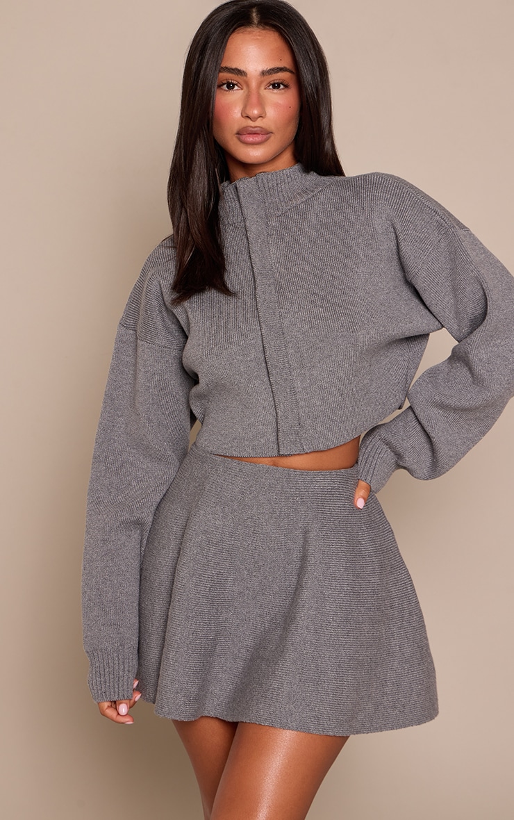 Petite Grey Marl Ribbed Knit Flowy Mini Skirt image 4