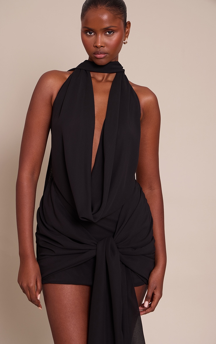 Black Woven Wrap Halterneck Mini Dress image 4