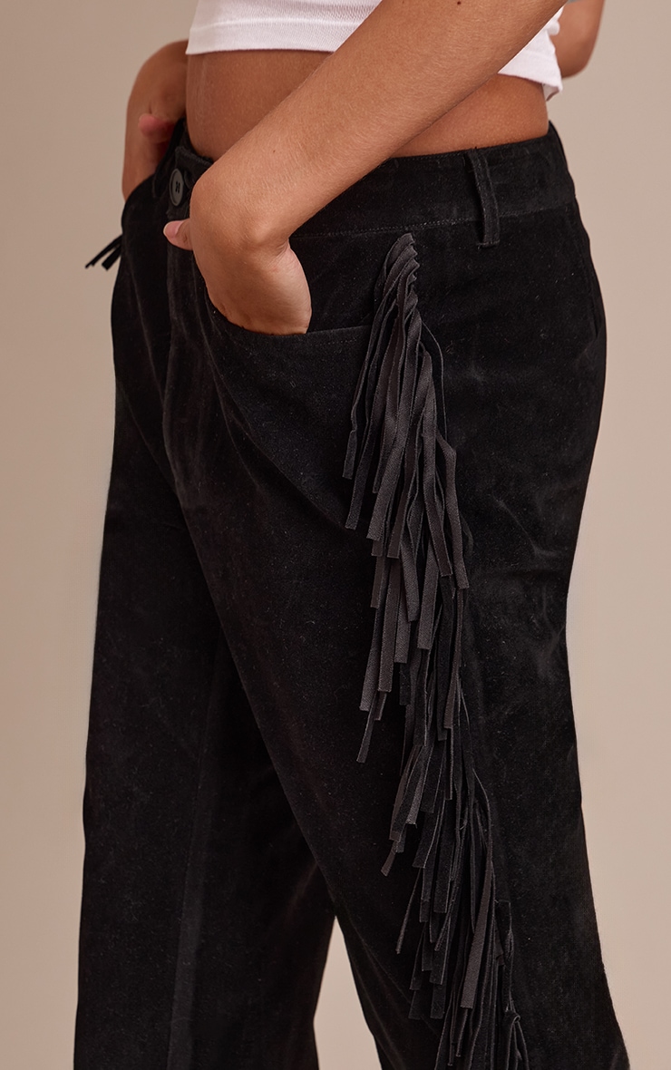 Black Faux Suede Fringe Straight Leg Pants image 4
