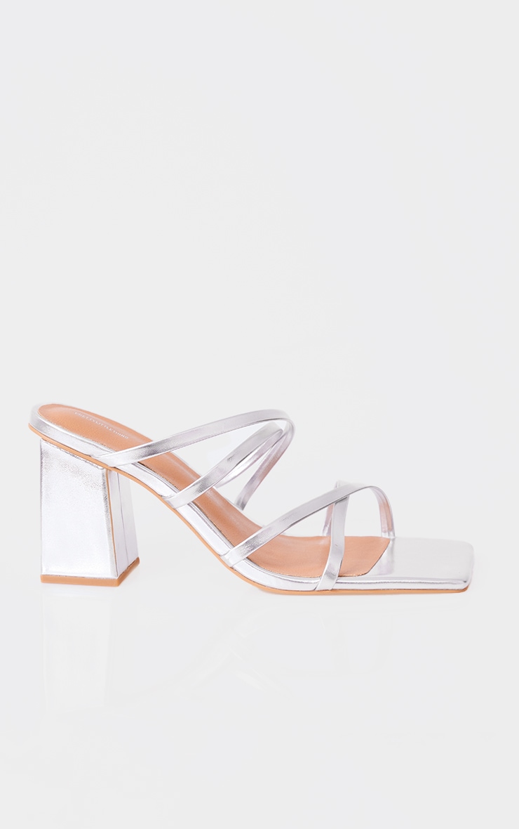 Silver PU Square Toe Strappy Block Heel Mule Sandals image 3
