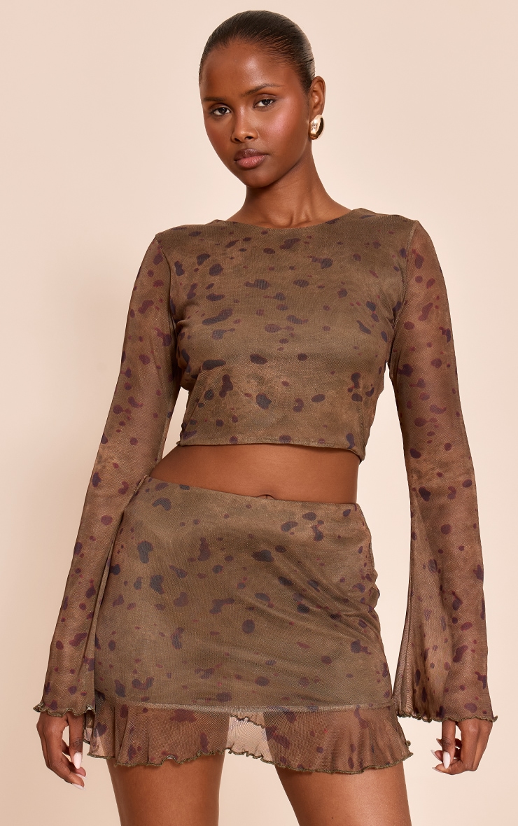 Khaki Abstract Print Mesh Long Sleeve Top image 1