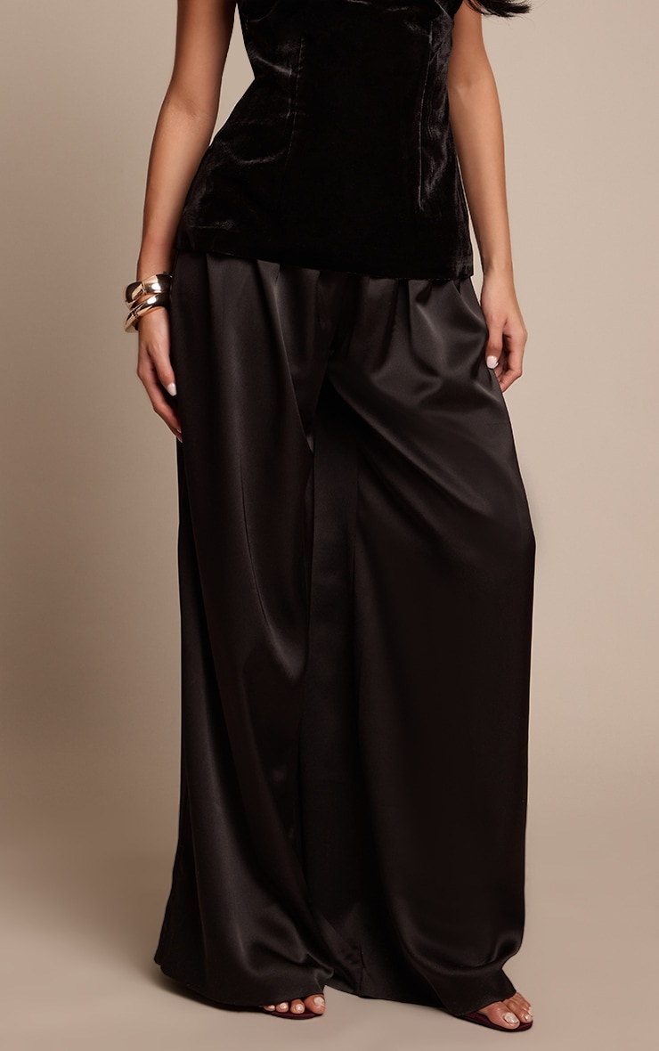 Black Satin Pleated Wide Leg Pants image 2
