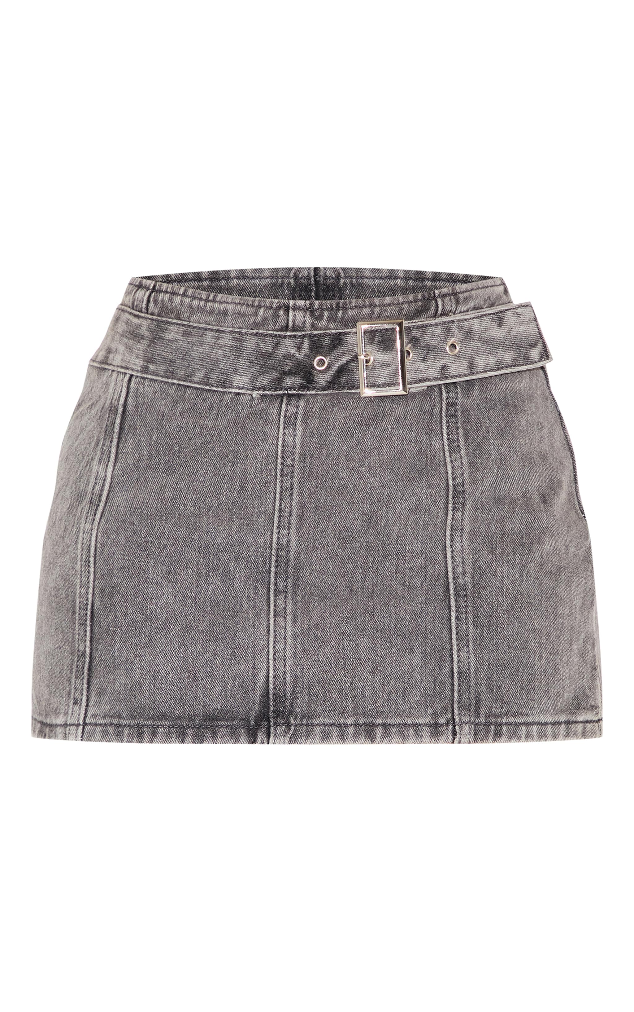 Petite Grey Acid Wash Denim Buckle Mini Skirt | Petite | PLT IRE