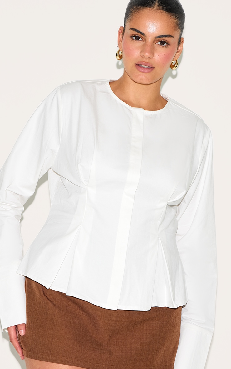 Plus White Cotton Pleat Detail Long Sleeve Shirt image 4